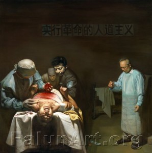 הציור Organ Crim מתאר קצירת איברים בכפייה ממתרגלת פאלון גונג בעודה בחיים (צויר על ידי, Xiqiang Dong 2007, שמן על קנבס)
