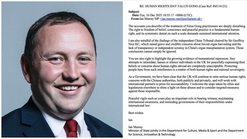 Image for article שר בממשלת בריטניה מביע תמיכה באירועי יום זכויות אדם של קבוצת פאלון גונג